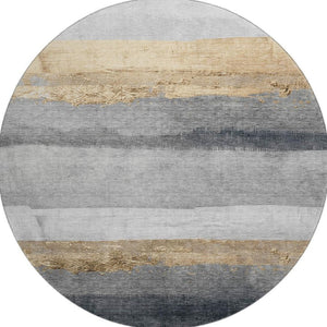 HomeRoots 8' X 10' Washable Gold and Gray Striped Area Rug - Stain-Resistant, UV-Protected, Family-Friendly Design 706829