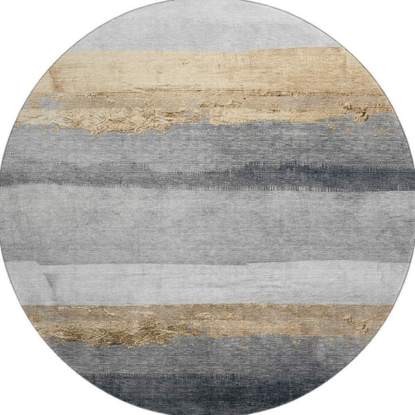 HomeRoots 8' X 10' Washable Gold and Gray Striped Area Rug - Stain-Resistant, UV-Protected, Family-Friendly Design 706829