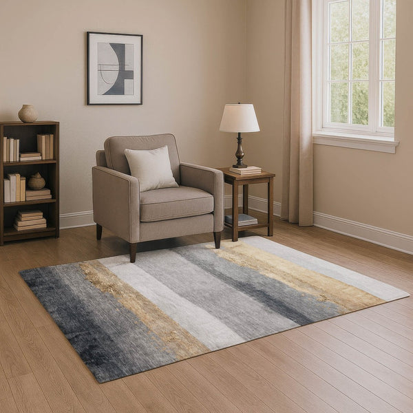 HomeRoots 9' X 12' Gold And Gray Striped Washable Area Rug – Stylish, Durable, UV Protected & Stain Resistant! 706830