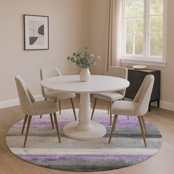 HomeRoots 8' X 10' Stylish Lavender & Gray Striped Washable Area Rug with UV Protection for Home Durability 706835