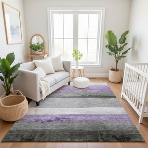 HomeRoots 10' X 14' Striped Lavender & Gray Area Rug - UV Protected, Washable, Durable for Family Living Spaces 706837