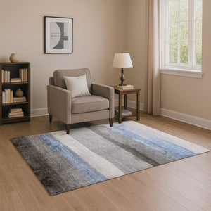HomeRoots 9' X 12' Sky Blue and Gray Striped Washable Area Rug - Durable, UV-Protected and Stylish for Any Room 706842