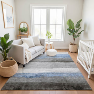 HomeRoots 9' X 12' Sky Blue and Gray Striped Washable Area Rug - Durable, UV-Protected and Stylish for Any Room 706842
