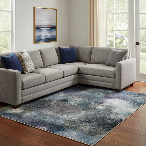 HomeRoots 9' X 12' Washable Denim Blue & Sky Blue Abstract Area Rug with UV Protection for Modern Spaces 706866