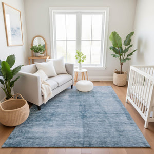 HomeRoots 9' X 12' Washable Denim Blue & Sky Blue Abstract Area Rug with UV Protection for Modern Spaces 706866