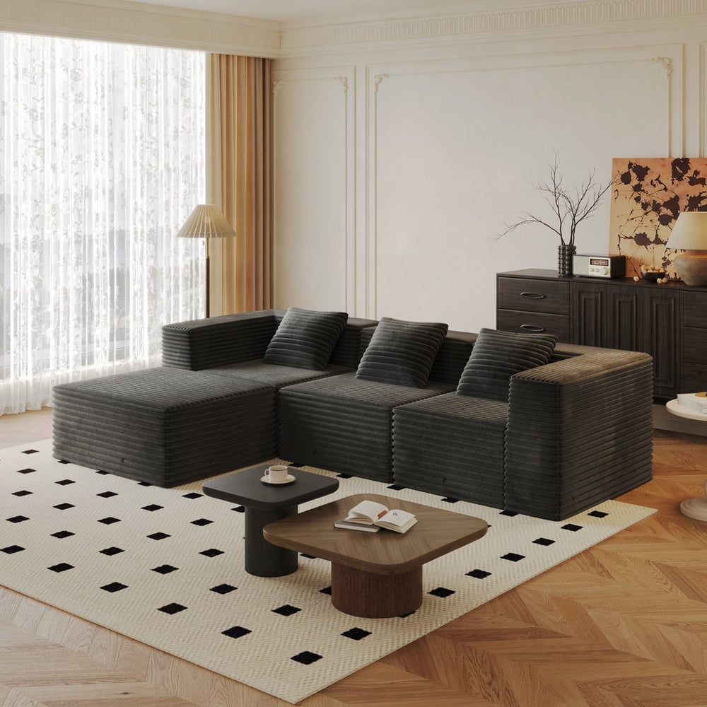 English Elm Modular Sectional Couch - Comfortable Boneless Sofa With Memory Foam, Plush Corduroy, No Assembly, Grey W3434S00025