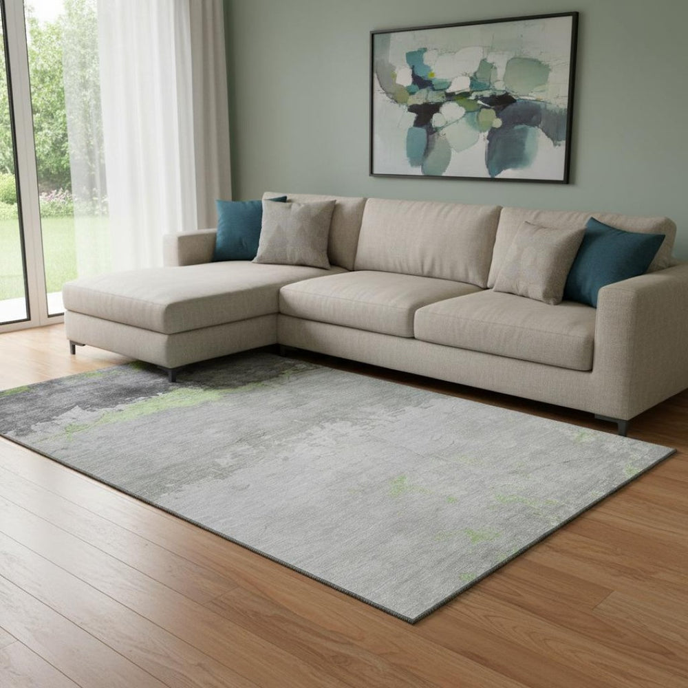 HomeRoots 9' X 12' Modern Artichoke Green & Gray Abstract Washable Area Rug with UV Protection & Non-Slip Backing 706896