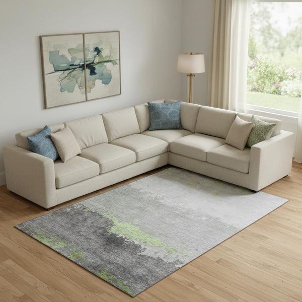 HomeRoots 10' Artichoke Green and Gray Abstract Area Rug - Washable, UV-Protected, Durable for High-Traffic Rooms 706897