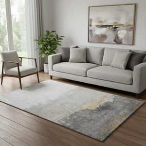 HomeRoots 8' Gold and Gray Abstract Round Rug - Washable, UV Protected, Stain Resistant for Modern Homes 706900