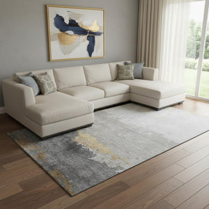 HomeRoots 9' X 12' Gold And Gray Abstract Washable Area Rug - UV Resistant, Stylish, Easy-Care for Homes 706902