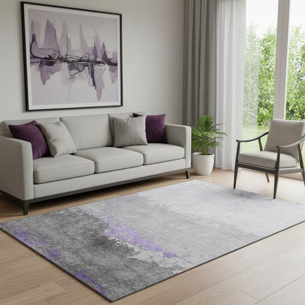 HomeRoots 8' Purple and Gray Abstract Washable Round Rug – Durable, UV-Protected, Stain-Resistant Design for Homes 706906
