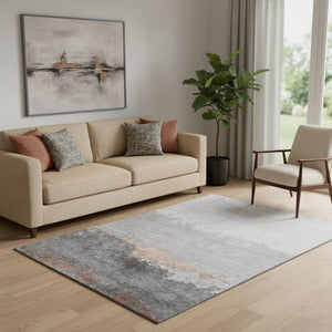 HomeRoots 8' Salmon and Gray Abstract Washable Round Rug - Durable, UV-Protected, Soft, and Stylish Home Accent 706912