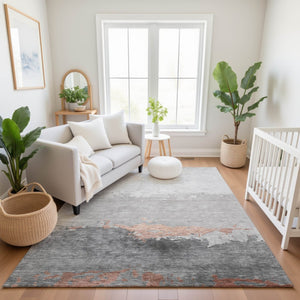 HomeRoots 9' X 12' Salmon and Gray Abstract Washable Area Rug - UV Protected, Durable, and Stylish Floor Covering 706914