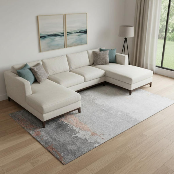 HomeRoots 10' X 14' Salmon and Gray Abstract Washable Area Rug - Stylish, Durable, UV-Protected for Active Homes 706915