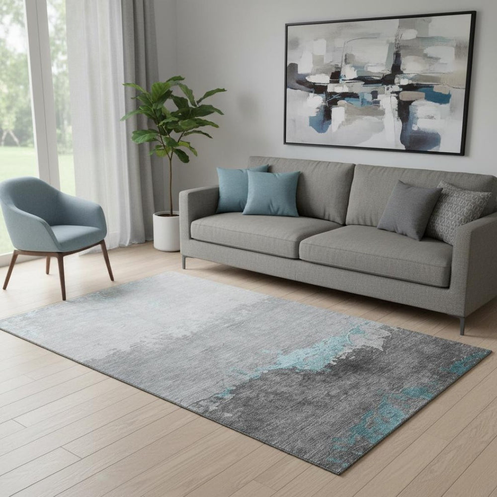 HomeRoots 8' Teal and Gray Abstract Washable Round Rug - Durable, Stain-Resistant, UV-Protected for Modern Spaces 706918
