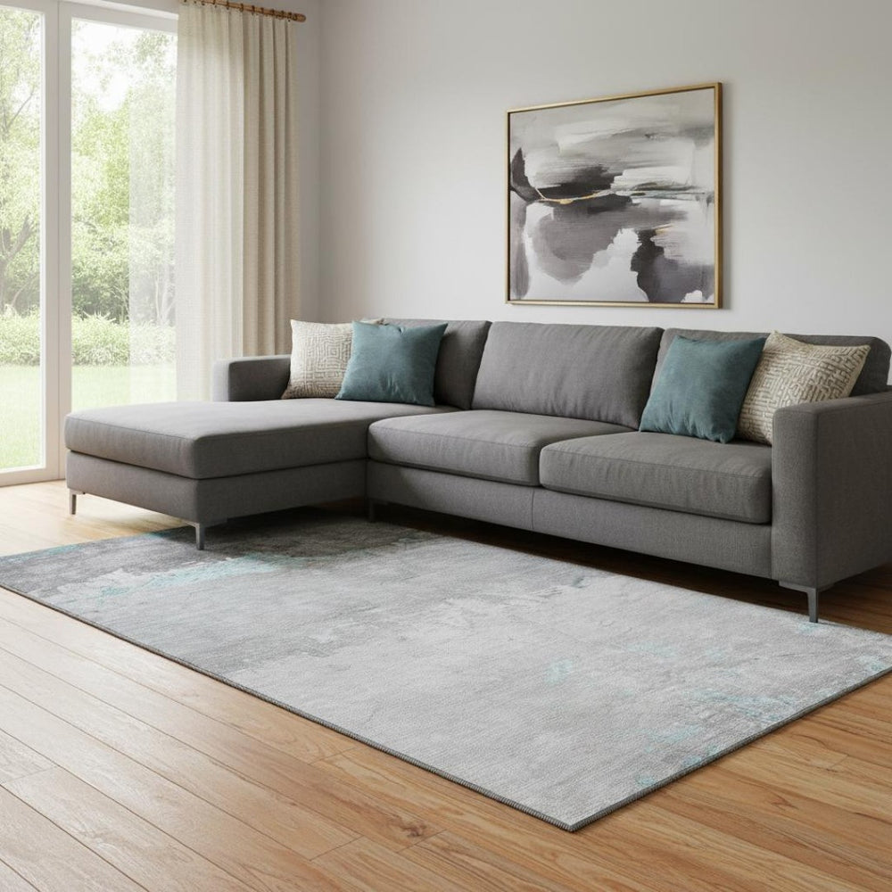 HomeRoots 9' X 12' Teal & Gray Abstract Washable Area Rug with UV Protection for Homes with Kids & Pets 706920