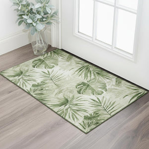 HomeRoots 5' X 8' Artichoke Green Floral Area Rug - Washable, UV-Protected, Stain-Resistant for High-Traffic Areas 706923
