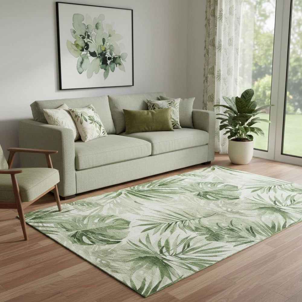 HomeRoots 8' Artichoke Green & Ivory Floral Round Rug - Washable, UV-Protected & Pet-Friendly for Easy Care 706924