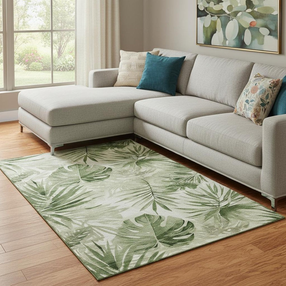 HomeRoots 9' X 12' Artichoke Green Floral Area Rug - Washable, UV-Protected, Stylish & Durable for Busy Homes 706926