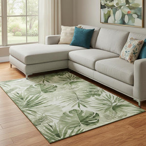 HomeRoots 9' X 12' Artichoke Green Floral Area Rug - Washable, UV-Protected, Stylish & Durable for Busy Homes 706926
