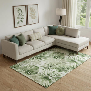 HomeRoots 10' X 14' Artichoke Green Floral Area Rug - Washable, UV Protected, Pet-Friendly Elegance for Home 706927