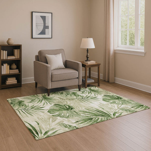 HomeRoots 10' X 14' Artichoke Green Floral Area Rug - Washable, UV Protected, Pet-Friendly Elegance for Home 706927