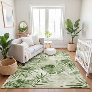 HomeRoots 10' X 14' Artichoke Green Floral Area Rug - Washable, UV Protected, Pet-Friendly Elegance for Home 706927