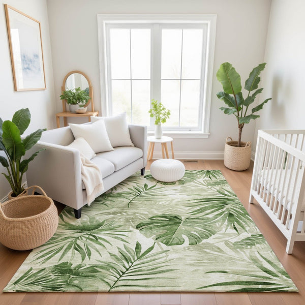 HomeRoots 10' X 14' Artichoke Green Floral Area Rug - Washable, UV Protected, Pet-Friendly Elegance for Home 706927