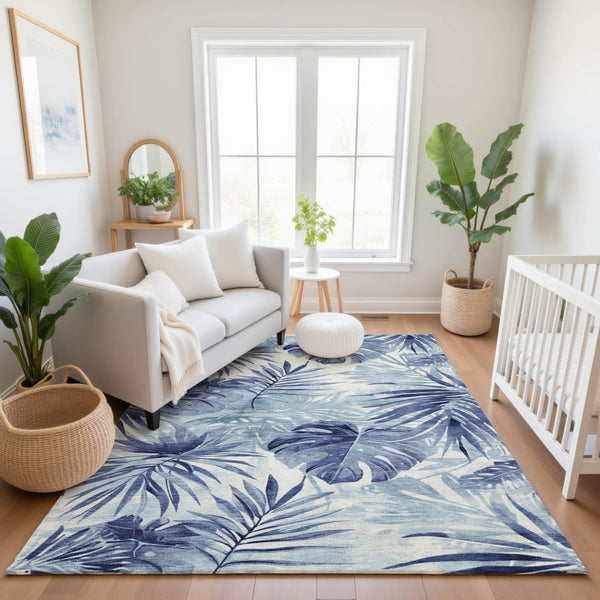 HomeRoots 5' X 8' Blue And Ivory Floral Area Rug - Stain-Resistant, Washable, UV Protected for High Traffic Homes 706929