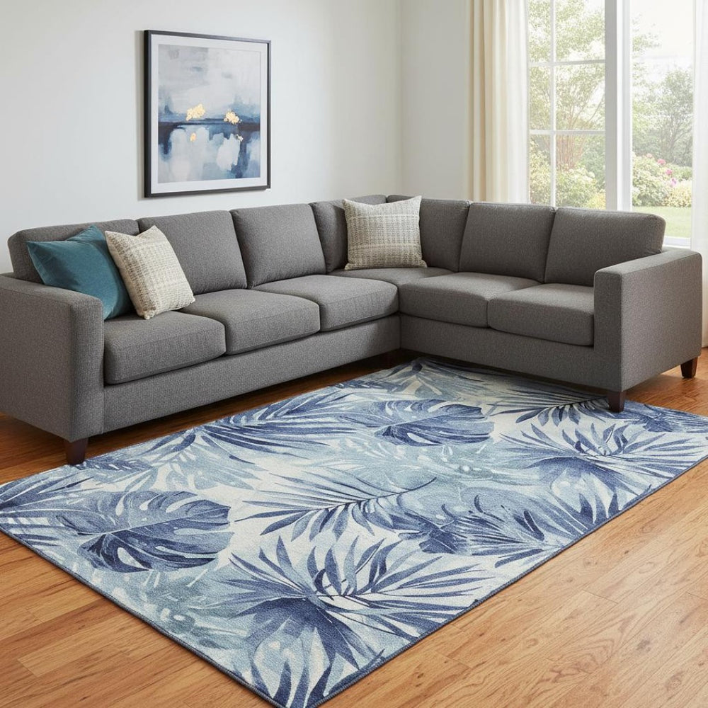 HomeRoots 9' X 12' Elegant Blue and Ivory Floral Area Rug - Washable, UV Resistant, Perfect for Busy Homes! 706932