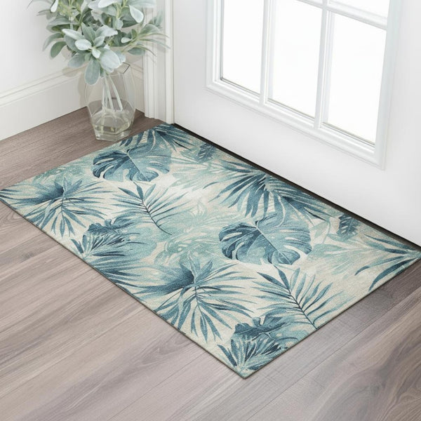 HomeRoots 5' X 8' Teal and Ivory Floral Area Rug - Durable, Washable, UV-Resistant, Perfect for High Traffic Spaces 706935