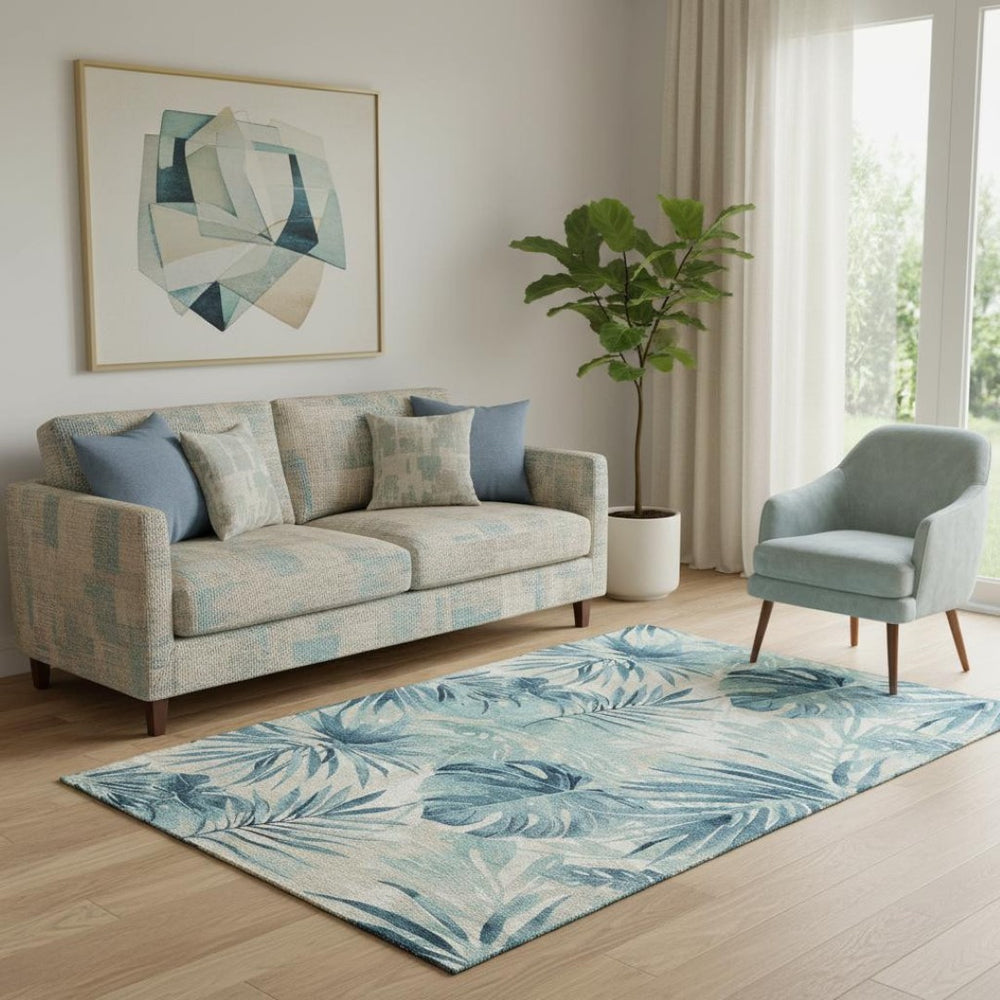 HomeRoots 8' Teal and Ivory Floral Round Rug - Washable, UV-Protected, Durable for High-Traffic Spaces 706936