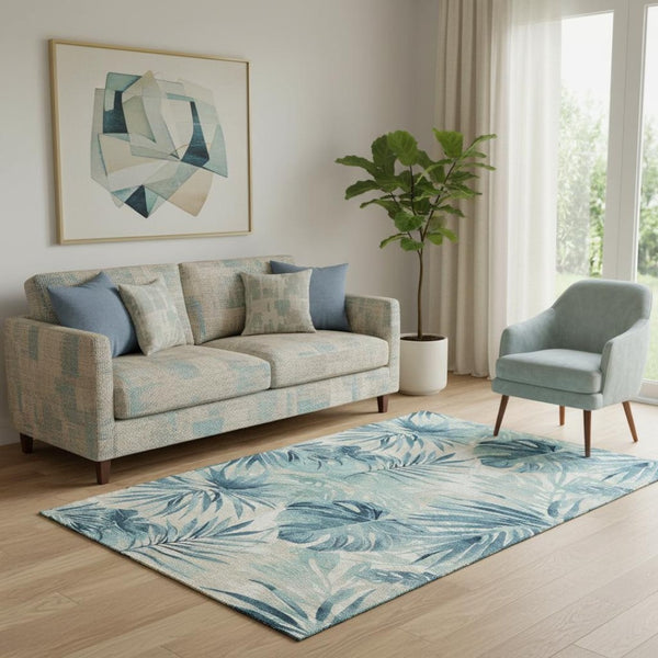 HomeRoots 8' Teal and Ivory Floral Round Rug - Washable, UV-Protected, Durable for High-Traffic Spaces 706936