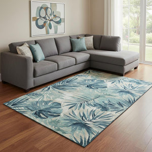 HomeRoots 9' X 12' Teal and Ivory Floral Area Rug - Washable, UV Protected, Stain Resistant for Modern Homes 706938