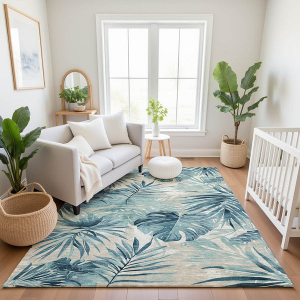 HomeRoots 9' X 12' Teal and Ivory Floral Area Rug - Washable, UV Protected, Stain Resistant for Modern Homes 706938