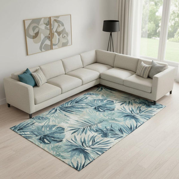 HomeRoots 10' X 14' Teal Floral Washable Area Rug with UV Protection - Perfect for Homes with Kids & Pets! 706939