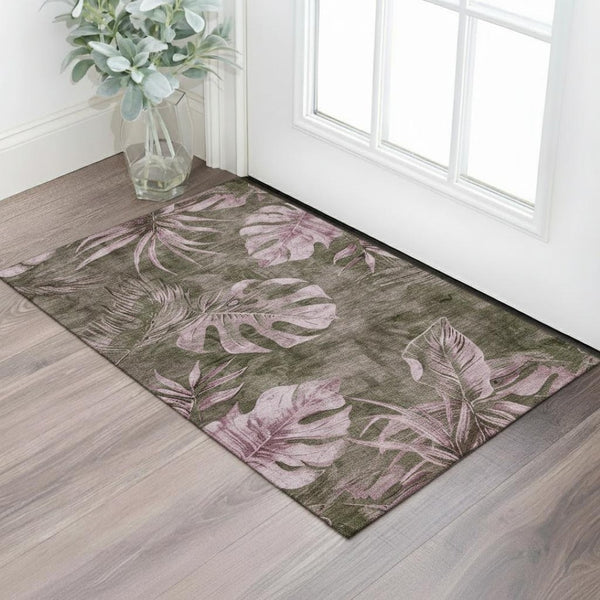 HomeRoots 5' Brown and Pink Floral Washable Area Rug - Durable, UV Protected, Ideal for Homes with Kids & Pets! 706941