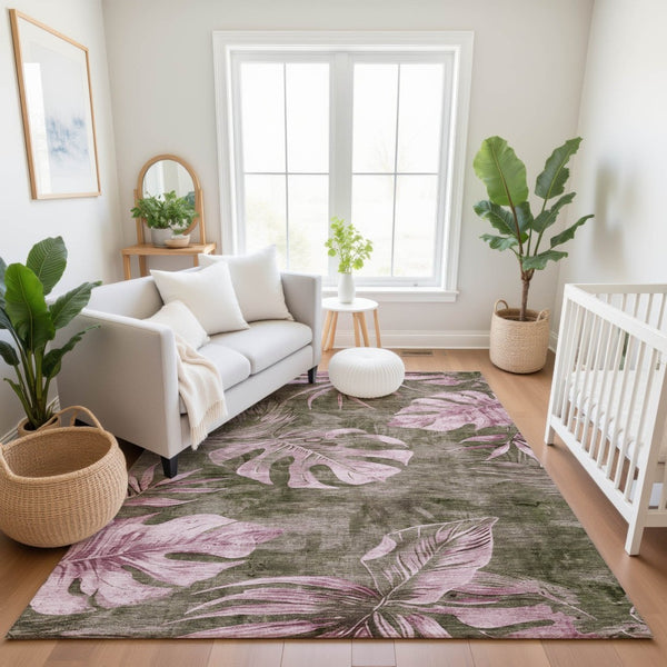 HomeRoots 9' X 12' Washable Brown and Pink Floral Area Rug with UV Protection for Stylish, Durable Living Spaces 706944
