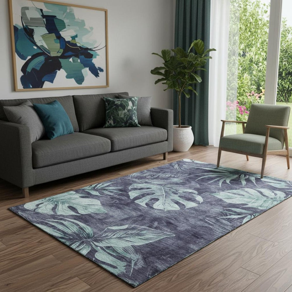HomeRoots 8' Blue and Green Floral Washable Round Rug - Durable, Stain-Resistant, UV Protected for Any Space 706948