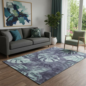 HomeRoots 8' Blue and Green Floral Washable Round Rug - Durable, Stain-Resistant, UV Protected for Any Space 706948
