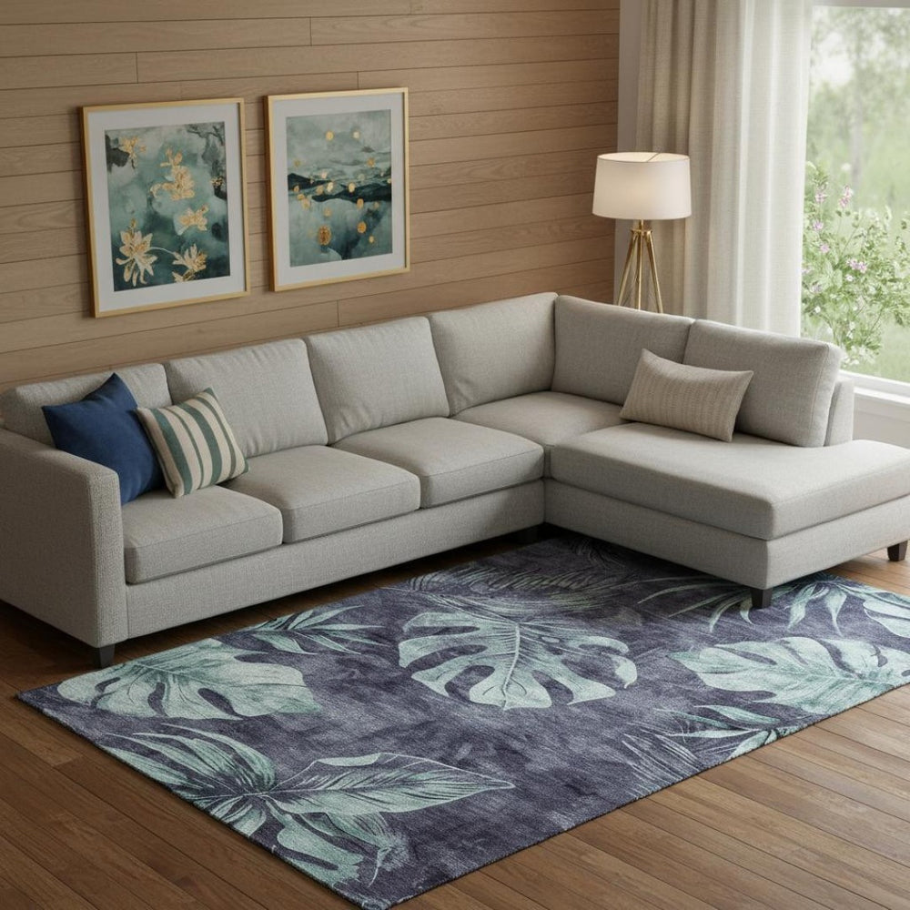 HomeRoots 10' X 14' Blue and Green Floral Washable Area Rug - Stain Resistant, UV Protected, Non-Slip Backing 706951