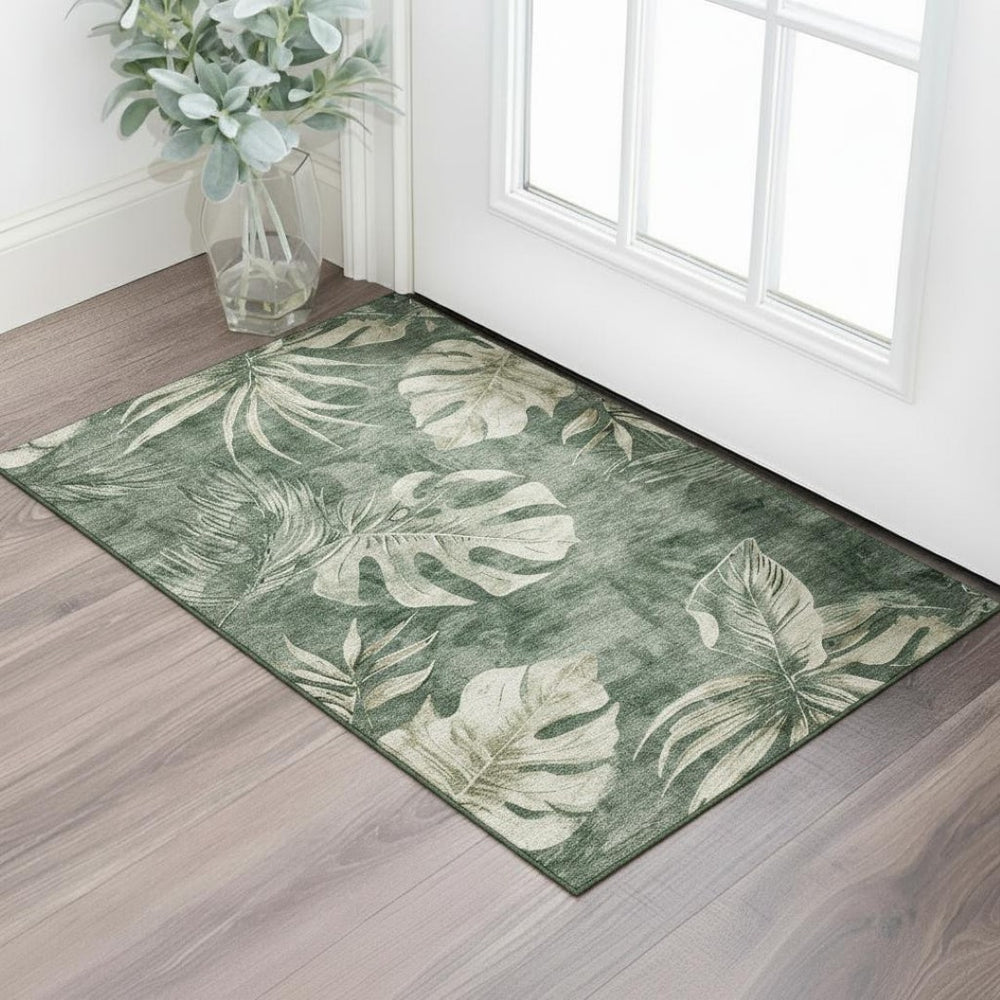 HomeRoots 5' X 8' Stylish Fern Green & Sage Floral Washable Area Rug with UV Protection for Home & Play 706953