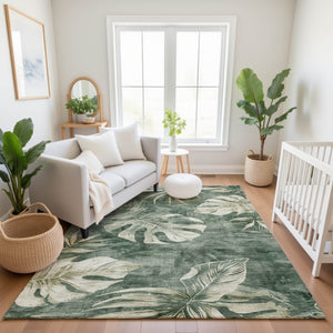 HomeRoots 5' X 8' Stylish Fern Green & Sage Floral Washable Area Rug with UV Protection for Home & Play 706953