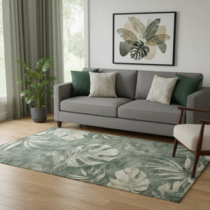 HomeRoots 8' Floral Round Rug in Fern Green & Sage - Washable, UV Protected, Stain Resistant, Non-Slip Design 706954