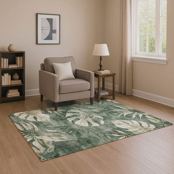 HomeRoots 8' Floral Round Rug in Fern Green & Sage - Washable, UV Protected, Stain Resistant, Non-Slip Design 706954