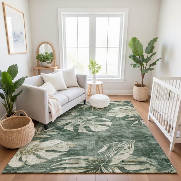 HomeRoots 8' Floral Round Rug in Fern Green & Sage - Washable, UV Protected, Stain Resistant, Non-Slip Design 706954