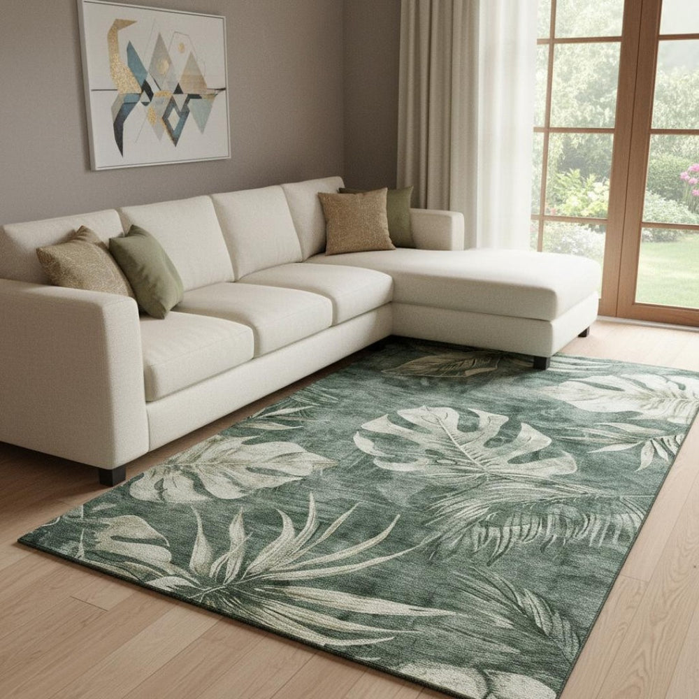 HomeRoots 9' X 12' Fern Green Floral Area Rug - Washable, UV Protected, Durable Design for Busy Homes 706956