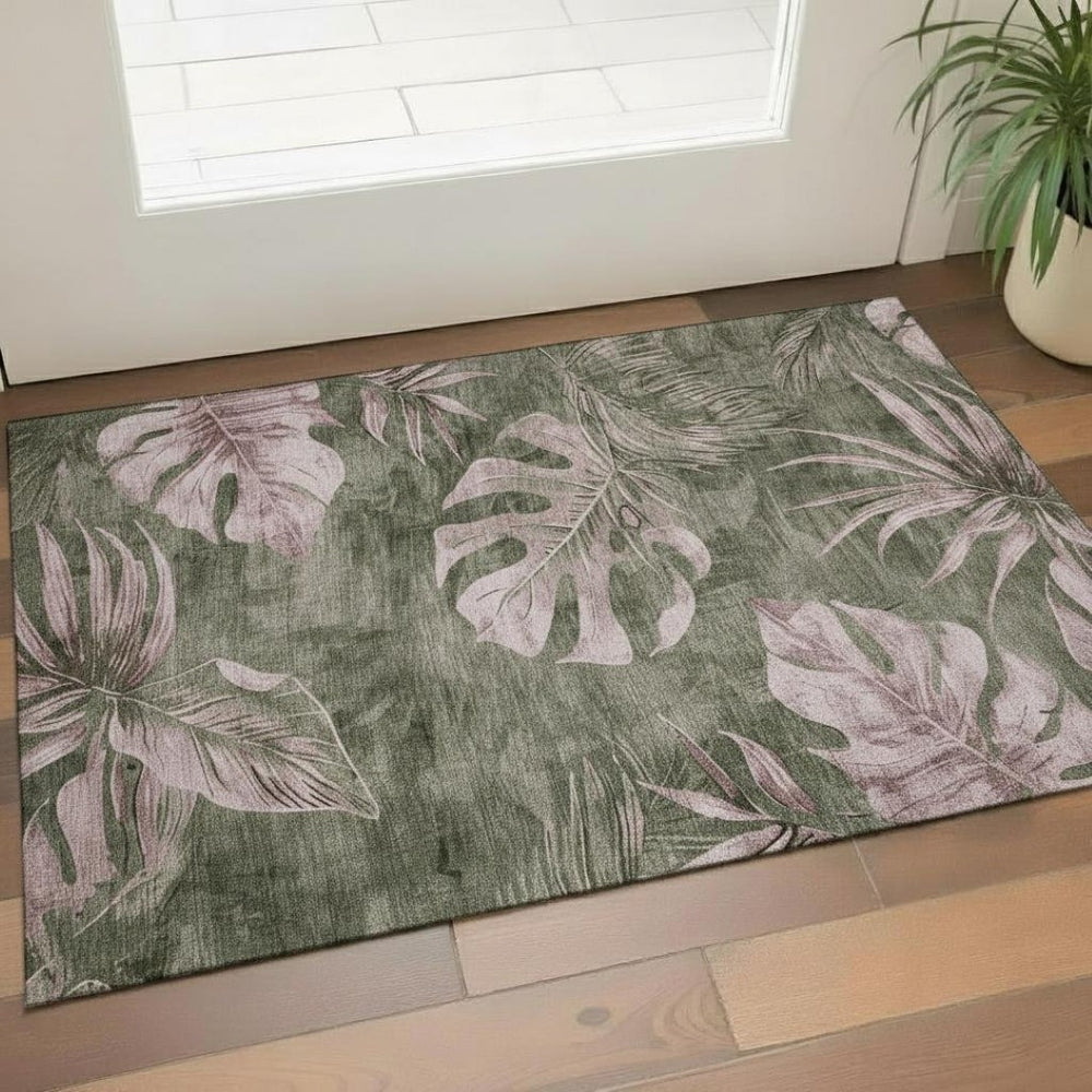 HomeRoots 5' X 8' Olive Green & Blush Floral Area Rug - Washable, UV-Protected, Perfect for Busy Homes! 706959