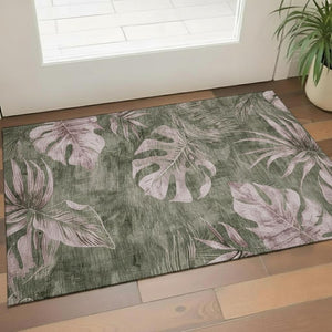 HomeRoots 5' X 8' Olive Green & Blush Floral Area Rug - Washable, UV-Protected, Perfect for Busy Homes! 706959