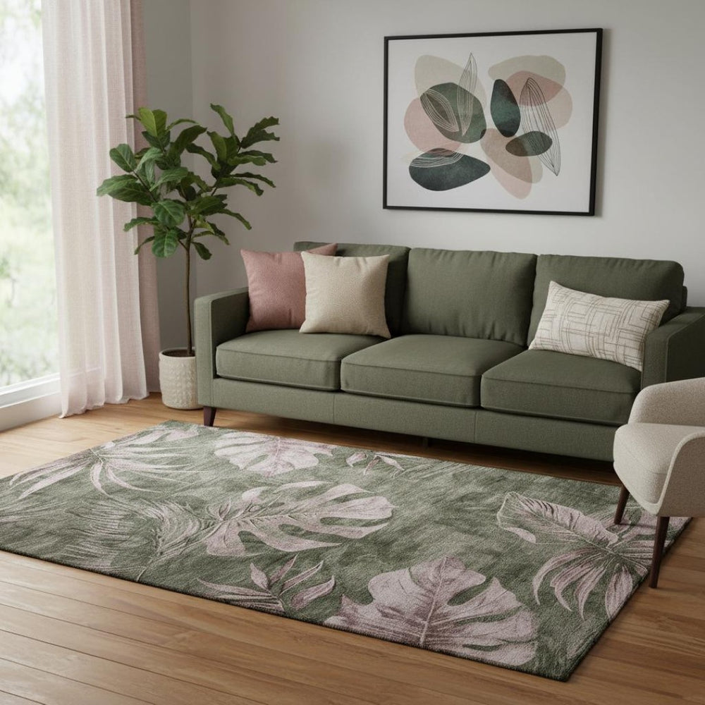 HomeRoots 8' Washable Olive Green & Blush Floral Round Rug - Durable, Stain Resistant, UV Protected Design! 706960